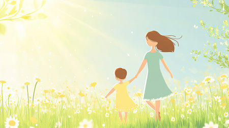 Cartoon mom and child holding hands in a meadow, with plenty of space for text on a sunny background.の素材