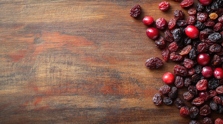 Top view of dried cranberries and raisins on a wooden surface, with roomの素材