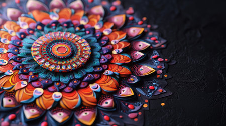 Hypnotic 3D mandala with colorful Indian psychedelic patterns, leaving room for copy space on a dark background.の素材