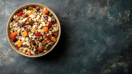Top view of dried fruit and seed mix in a bowl, with space for copy around.の素材
