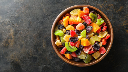 Top view of dried fruit salad in a wooden bowl, with room for copy space above.の素材
