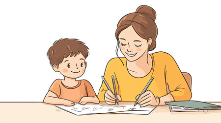 Cartoon mother and child drawing together at a table, with room for copy space on a blank background.の素材