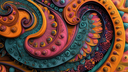 3D model of an Indian paisley design with psychedelic colors and patterns, with room for text.の素材