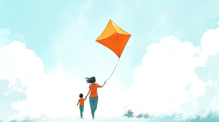 Cartoon mother and child flying a kite, with ample room for copy space on a clear sky.の素材