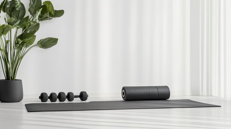 A yoga mat, leg massage roller, and rubber dumbbells on a clean white floor, with space for text.の素材