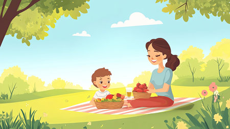 Cartoon mother and child enjoying a picnic in the park, with plenty of space for text.の素材