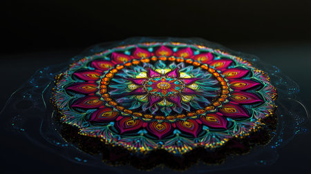 Hypnotic 3D mandala with colorful Indian psychedelic patterns, leaving room for copy space on a dark background.の素材