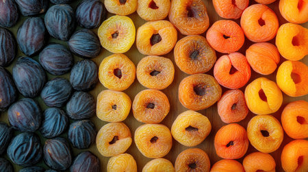 Dried apricots and figs arranged in rows, with plenty of room for text above.の素材