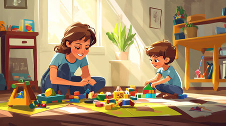 Cartoon mother and child playing with toys on the floor, with ample copy space above.の素材