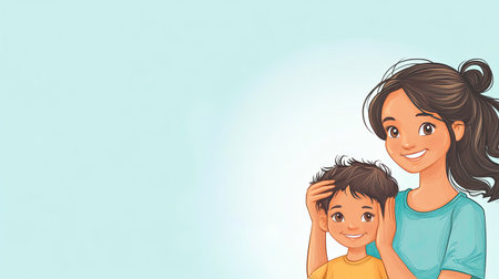 Cartoon mother brushing her child's hair, with space for text on a blank backdrop.の素材