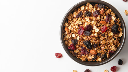 Dried fruits and granola in a bowl, with plenty of room for text on a simple white background.の素材