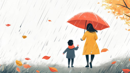 Cartoon mother and child walking under an umbrella on a rainy day, with room for copy space.の素材