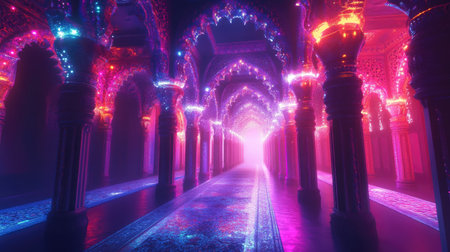 3D rendering of psychedelic Indian patterns with glowing energy and ample copy space.の素材