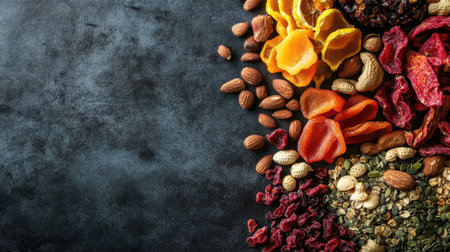 Top view of colorful dried tropical fruits and nuts, with ample space for copy.の素材
