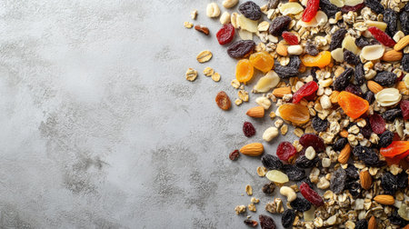 Top view of dried fruit and nut trail mix, scattered with room for text on a neutral surface.の素材