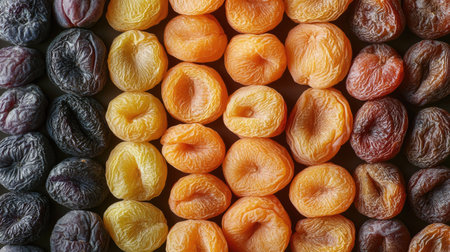 Dried apricots and figs arranged in rows, with plenty of room for text above.の素材