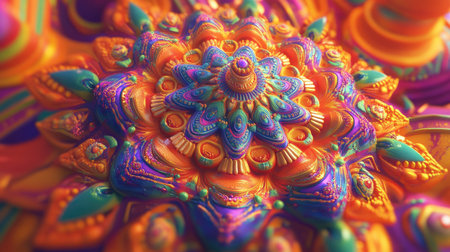 3D model of a vibrant psychedelic Indian mandala with swirling colors, geometric shapes, and room for copy space.の素材