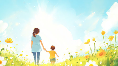 Cartoon mom and child holding hands in a meadow, with plenty of space for text on a sunny background.の素材