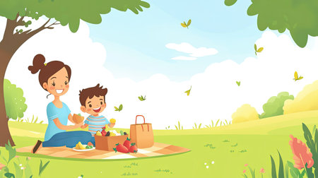 Cartoon mother and child enjoying a picnic in the park, with plenty of space for text.の素材