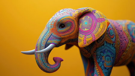 Psychedelic 3D model of an elephant with intricate Indian patterns, vibrant hues, and room for copy spaceの素材