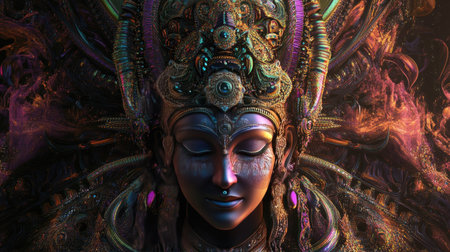 Psychedelic 3D Indian deity with intricate fractal designs and room for copy on a dark backgroundの素材