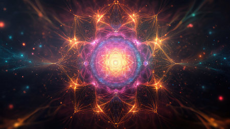 Psychedelic 3D rendering of Indian chakras with glowing energy lines and copy space on a dark backgroundの素材
