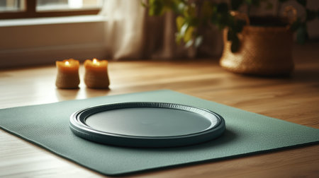 Twist plate placed on a yoga mat with a waist reducer nearby, leaving plenty of space for copyの素材