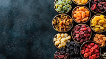 Assortment of dried fruits in bowls, with copy space around for text, top view.の素材
