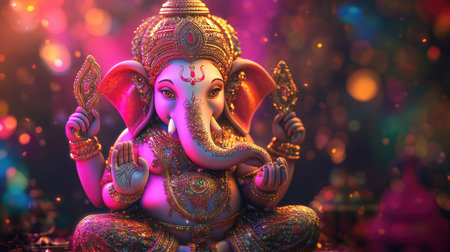 Glowing 3D Ganesha idol, intricately designed with vibrant colors and spiritual elements, leaving room for textの素材