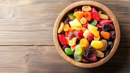 Top view of dried fruit salad in a wooden bowl, with room for copy space above.の素材