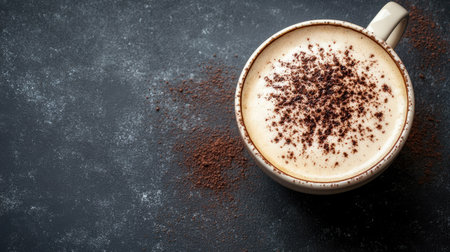 A cup of creamy cappuccino with cocoa powder sprinkled on top, laid out with space for copyの素材