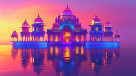 Psychedelic 3D model of an Indian temple in abstract neon colors, with ample space for copyの素材