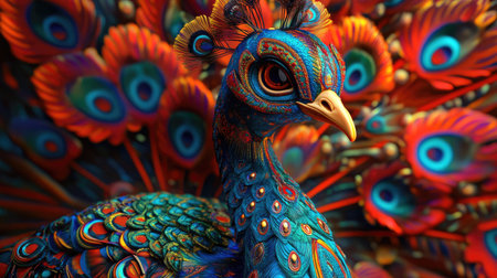 3D model of a peacock in vibrant, trippy colors with intricate Indian detailing and plenty of space for text.の素材