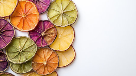 Dried fruit slices in vibrant colors on a clean white background, with room for copy space.の素材