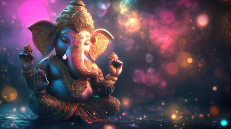 3D rendering of Ganesha with vibrant spiritual symbols, glowing softly in a peaceful space, leaving room for textの素材