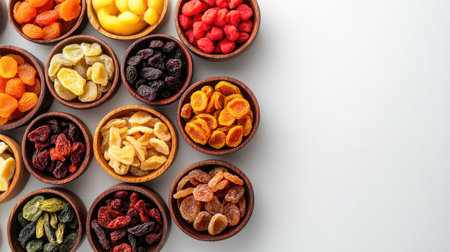 Dried fruits in small wooden bowls, arranged neatly with ample room for text on a clean white surface.の素材