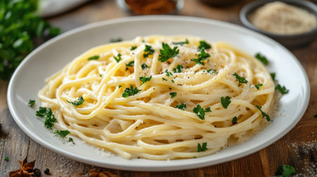 Spaghetti in a creamy alfredo sauce, garnished with parsley, alongside spices and room for copyの素材