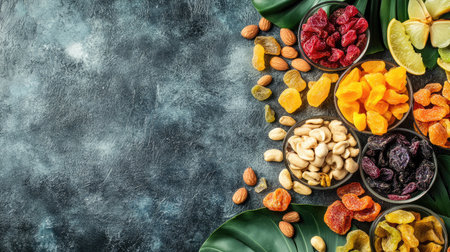 Top view of colorful dried tropical fruits and nuts, with ample space for copy.の素材