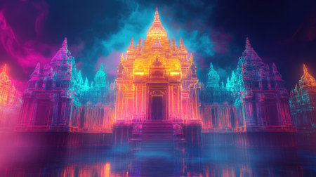 Psychedelic 3D model of an Indian temple in abstract neon colors, with ample space for copyの素材