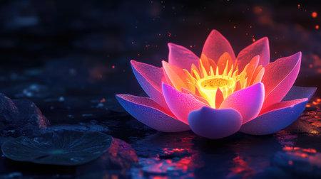 Indian psychedelic 3D lotus flower, glowing in neon colors, surrounded by copy space on a dark background.の素材