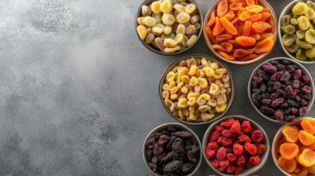Assortment of dried fruits in bowls, with copy space around for text, top view.の素材