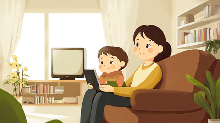 Cartoon mother and child watching TV together on a couch, with ample space for copy.の素材