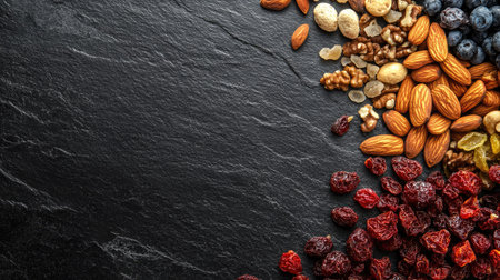 Top view of a selection of dried berries and nuts on a black slate surface, with ample room for copy space.の素材