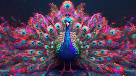 3D model of a peacock with psychedelic patterns and neon colors, surrounded by space for text.の素材