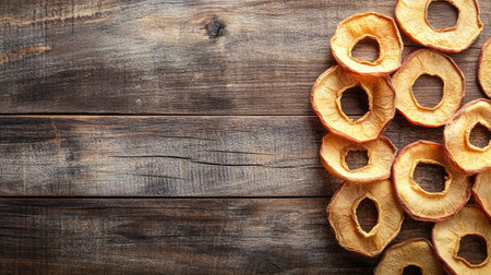 Top view of dried apple rings on a wooden table, with plenty of room for copy space above.の素材