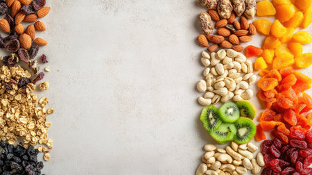 Dried tropical fruits and nuts arranged neatly, with ample space for text on a clean surface.の素材