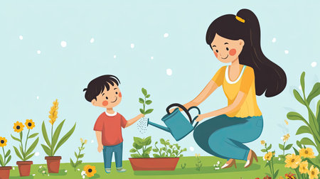 Cartoon mother and child watering plants in the garden, with ample space for copy above.の素材