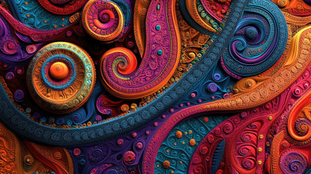 3D model of an Indian paisley design with psychedelic colors and patterns, with room for text.の素材