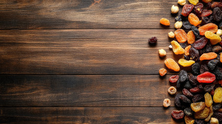 Top view of dried fruit trail mix scattered on a rustic wooden table, with room for text above.の素材