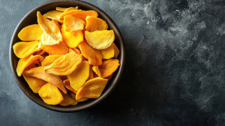 Top view of dried mango and banana chips in a bowl, with room for text on a clean surface.の素材